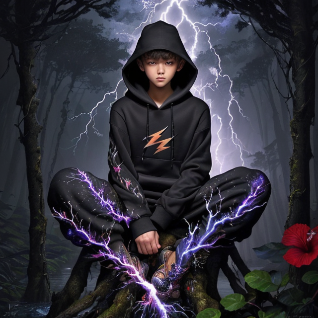 masterpiece, top quality, best quality, official art, beautiful and aesthetic, extreme detailed, abstract, fractal art, colorful, highest detailed, A boy in a black hoodie with his hat on is sitting in the dark forest and sparks and lightning are shooting from all over his body., Hibiscus, water, ice, lightning, splash_art, scenery, ink
