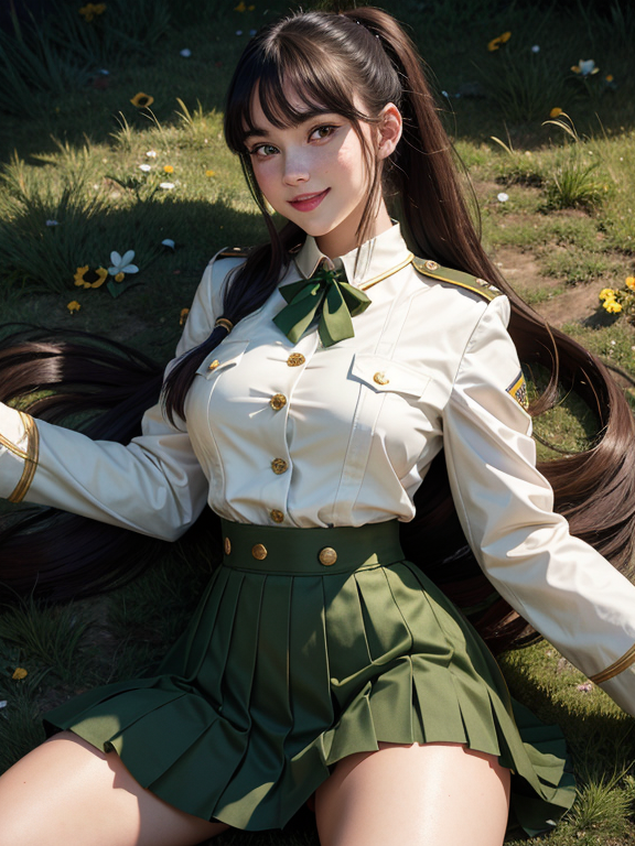 highres, masterpiece, perfect lighting, bloom, night, dark, cinematic lighting, perfect skin, majorettes in vintage white military uniforms with buttons and piping and pleated skirts lay down on the battlefield, looking at viewer, vivid green eyes, thick eyebrows, parted bangs, freckles, long flowing hair, ponytail, smile