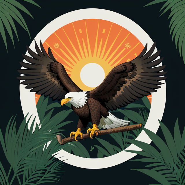 eagle holding wrench tool logo , planar vector, character design, japan style artwork, on a shamanic vision quest, with beautiful nocturnal sun and lush Amazon jungle in the background, subtle geometric patterns, clean white background, professional vector, full shot, 8K resolution, deep impression illustration, sticker type, vibrant color, colorful background, a painting illustration , 2D