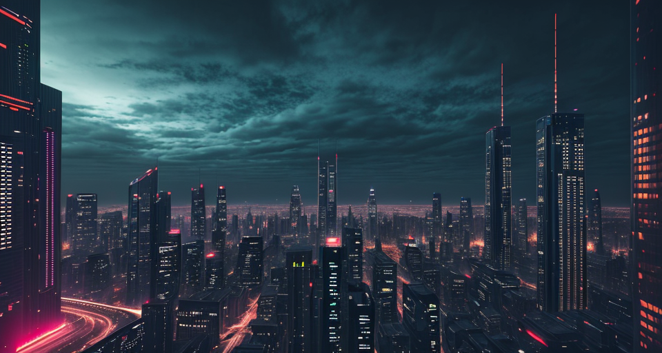 man observes futuristic city, buildings in the darkness of night, giant building, dark apocalyptic environment, half sky, dark colors, ultra details, realistic, 8k,