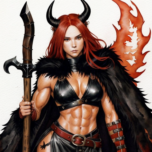 girl long red hair, black horns, buff, muscular, leather pants, sick belt, bandages on her chest with a fur cloak on, dragon tail, holding a greataxe, she has tanned skin, dark, flames around her, A simple, minimalistic art with mild colors, using Boho style, aesthetic, watercolor