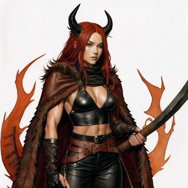girl long red hair, black horns, buff, muscular, leather pants, sick belt, bandages on her chest with a fur cloak on, dragon tail, holding a greataxe, she has tanned skin, dark, flames around her, A simple, minimalistic art with mild colors, using Boho style, aesthetic, watercolor