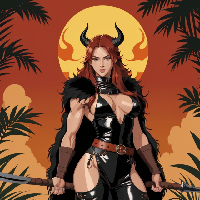 girl long red hair, black horns, buff, muscular, leather pants, sick belt, bandages on her chest with a fur cloak on, dragon tail, holding a greataxe, she has tanned skin, dark, flames around her, planar vector, character design, japan style artwork, on a shamanic vision quest, with beautiful nocturnal sun and lush Amazon jungle in the background, subtle geometric patterns, clean white background, professional vector, full shot, 8K resolution, deep impression illustration, sticker type, vibrant color, colorful background, a painting illustration , 2D