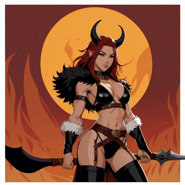 girl long red hair, black horns, buff, muscular, leather pants, sick belt, bandages on her chest with a fur cloak on, dragon tail, holding a greataxe, she has tanned skin, dark, flames around her, planar vector, character design, japan style artwork, on a shamanic vision quest, with beautiful nocturnal sun and lush Amazon jungle in the background, subtle geometric patterns, clean white background, professional vector, full shot, 8K resolution, deep impression illustration, sticker type, vibrant color, colorful background, a painting illustration , 2D