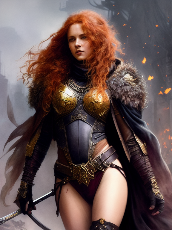 girl long red hair, black horns, buff, muscular, leather pants, sick belt, bandages, with a fur cloak on, dragon tail, holding a greataxe, she has tanned skin, dark, flames around her, ethereal background, abstract beauty, approaching perfection, pure form, golden ratio, minimalistic, concept art, by Brian Froud and Carne Griffiths and Wadim Kashin and John William Waterhouse, intricate details, 8k post production, high resolution, hyperdetailed, trending on artstation, sharp focus, studio photo, intricate details, highly detailed, by greg rutkowski, line art watercolor wash, watercolor, drawing art, Porcelain skin color, brushstroke painting technique, drawing art,