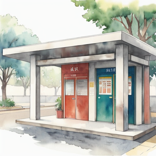 BRT system station, A simple, minimalistic art with mild colors, using Boho style, aesthetic, watercolor