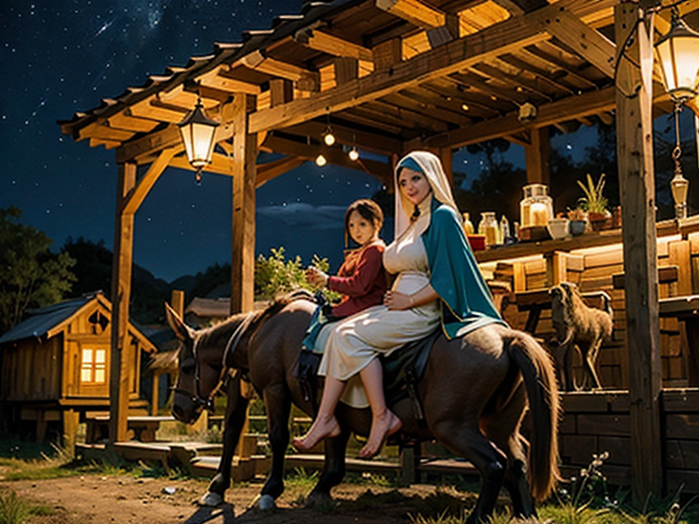Joseph and pregnant Mary traveling. Mary is sitting on a donkey. night time. huts are there with light. beautiful night