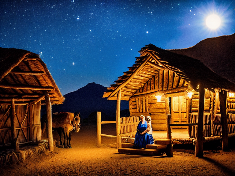 Joseph and pregnant Mary traveling. Mary is sitting on a donkey. night time. huts are there with light. beautiful night