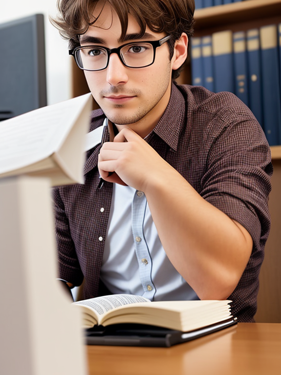 Man, nerd, close up, library, short brown hair, sat at desk, 