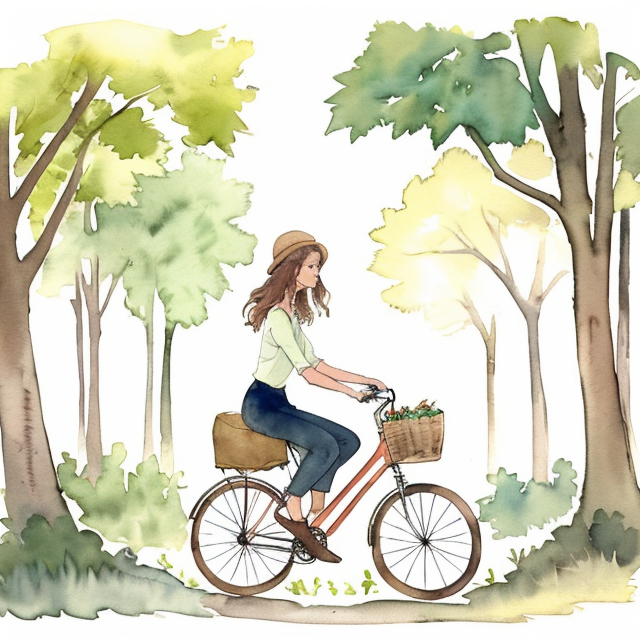 Fille dans la forêts avec sa bicyclette , A simple, minimalistic art with mild colors, using Boho style, aesthetic, watercolor