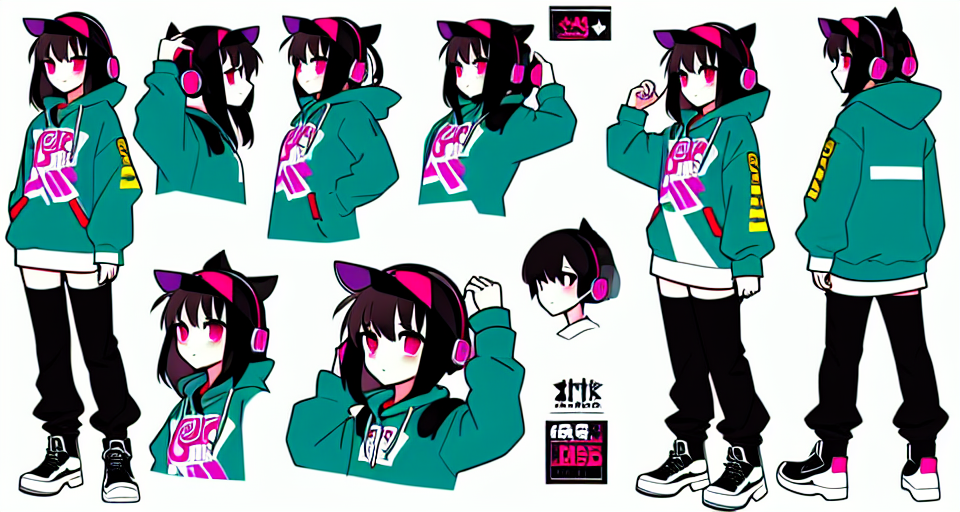 Full body anime style girl with hip hop clothing, headphones, reference sheet, back, left side, right side and front t-pose.