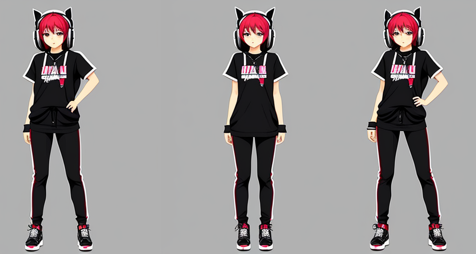 Full body anime style girl with hip hop clothing, headphones, reference sheet, poses back, left side, right side and front t-pose.