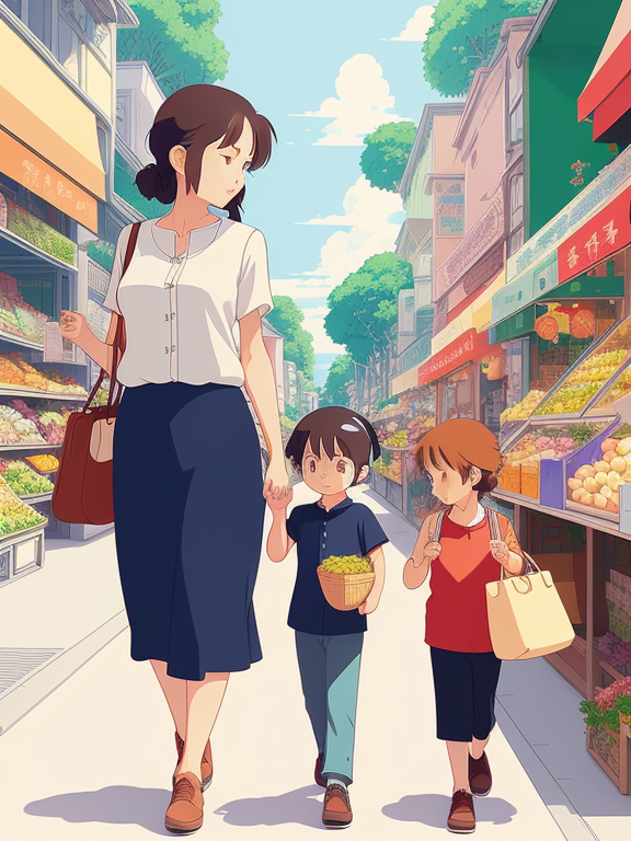 a mother and a child shopping perspective, Beautiful colors, Pencil sketches, Vector illustration, Cell shaded, Flat, 2D, In the style of studio ghibli, Art by Hiroshi Saitō, bold lines, Bold the drawing lines, Amazing details, One character