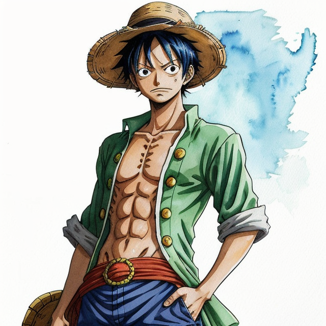 luffy from one piece, blue hair, green eyes, pirate hat, A simple, minimalistic art with mild colors, using Boho style, aesthetic, watercolor