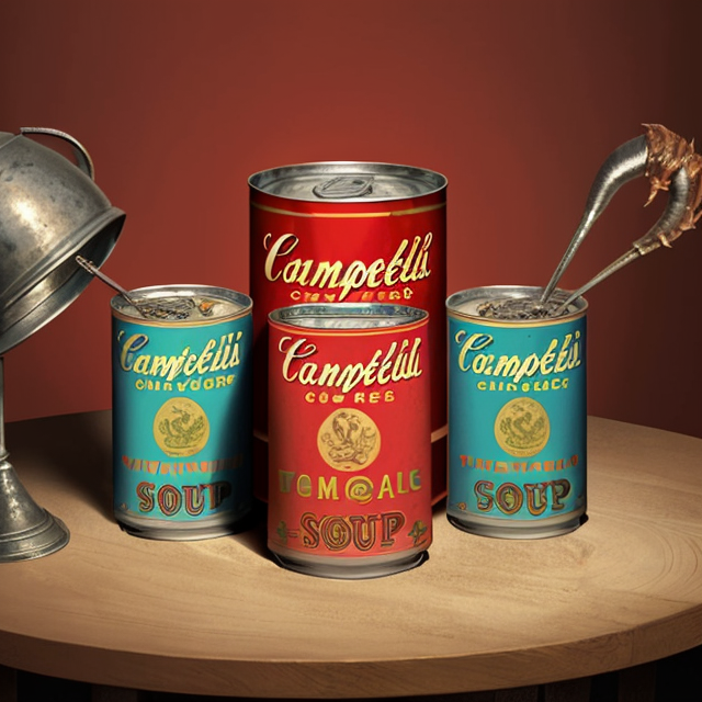  An Andy Warhol-inspired background of Campbell's soup cans, with the quote 