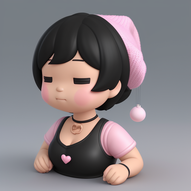 Tiny, Clay style, 3D, tiny, cute, stay center, Create a Christmas tree in the style of the lo-fi girl with Boba vibes. The figure is a black girl with lighter skin, sporting straight short hair in a mix of pink and black, topped with a pink beanie. She has a hoop nose ring on her right nostril and a slightly chubby appearance. The girl's skin tone is black but leans towards a lighter, almost white shade. The scene could serve as an album cover., adorable, Floating, High quality, 3d render, Emoji