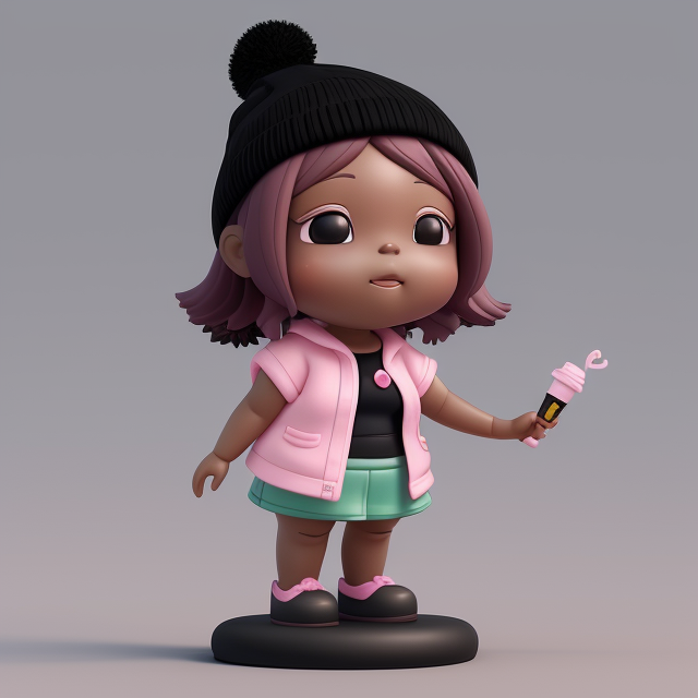 Tiny, Clay style, 3D, tiny, cute, stay center, Create a Christmas tree in the style of the lo-fi girl with Boba vibes. The figure is a black girl with lighter skin, sporting straight short hair in a mix of pink and black, topped with a pink beanie. She has a hoop nose ring on her right nostril and a slightly chubby appearance. The girl's skin tone is black but leans towards a lighter, almost white shade. The scene could serve as an album cover., adorable, Floating, High quality, 3d render, Emoji