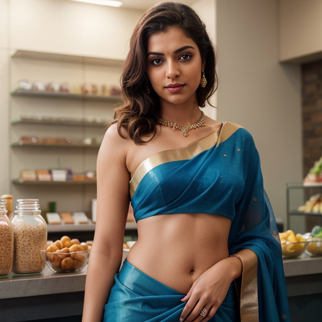 a photo of a beautiful, cute, epiCRealism, Kajal saree navel, full shot, deep photo, depth of field, Superia 400, bokeh, realistic lighting, professional colorgraded, a male, standing behind the counter, blue eyes, shiny skin, freckles, detailed skin, price labels, a masterpiece