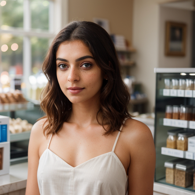 a photo of a beautiful, cute, epiCRealism, Kajal nfswfull shot, deep photo, depth of field, Superia 400, bokeh, realistic lighting, professional colorgraded, a male, standing behind the counter, blue eyes, shiny skin, freckles, detailed skin, price labels, a masterpiece