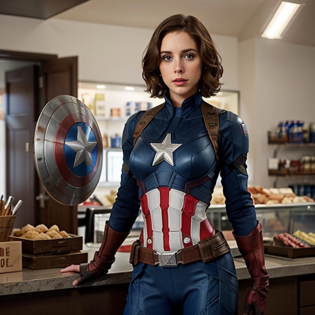a photo of a beautiful, cute, Alison Brie pose as Captain America. Short Brown Hair. Deep Blue Eyes. Standing. Throwing Captain America's Shield., standing behind the counter, blue eyes, shiny skin, freckles, detailed skin, price labels, a masterpiece