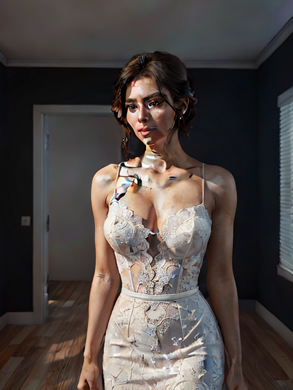 Portrait, A beautiful woman that is standing in a modern room, 20 years old Newly Wed. Short Brown Hair. Deep Blue Eyes. Standing in changing room. White Lace wedding gown. unreal engine., full body view, real full body height, beautiful woman standing confidently in a bright, modern room with minimal decor, vivid lighting, and an elegant atmosphere, highly detailed and intricate digital painting, with sharp focus and smooth textures, inspired by the works of artgerm, Beautiful hair, Makeup, Octane render, 8k, Beautiful lighting, Golden ratio composition, hyper realistic