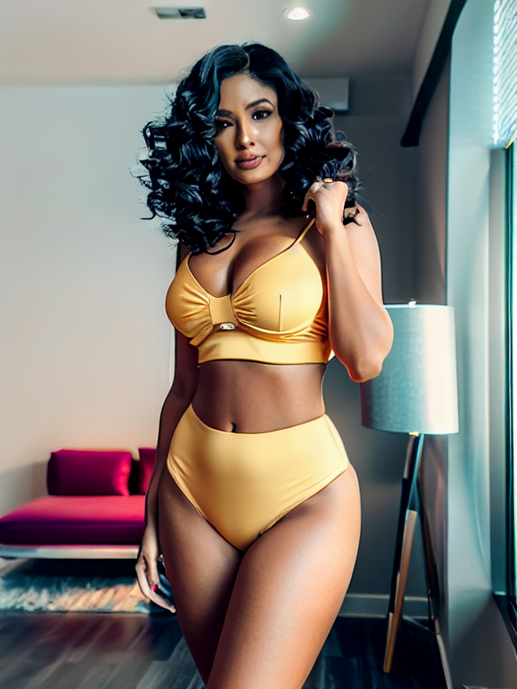 Portrait, A beautiful woman that is standing in a modern room, Indian hourglass woman from her 40s who is eagerly  dressed for sultry, showing her extra wide hips in a very thin bodycon skirt with an impression of her large lower abdomen and a large heavy bust in a thin blouse. , full body view, real full body height, beautiful woman standing confidently in a bright, modern room with minimal decor, vivid lighting, and an elegant atmosphere, highly detailed and intricate digital painting, with sharp focus and smooth textures, inspired by the works of artgerm, Beautiful hair, Makeup, Octane render, 8k, Beautiful lighting, Golden ratio composition, hyper realistic