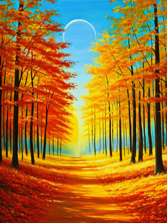 abstract painting of a forest in fall with the sun shining through thre trees