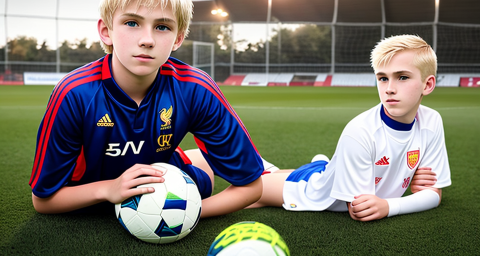  teen boy, 13 years old, pale skin, blonde hair, wearing Liverpool FC soccer kit, watching camera, lighting, portrait, high quality