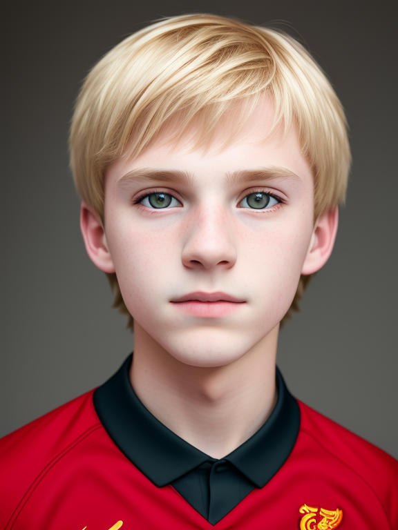  teen boy, 13 years old, pale skin, blonde hair, wearing Liverpool FC soccer kit, watching camera, lighting, portrait, high quality, Headshot portrait, Art by portraithelper, Bokeh, Hasselblad, 35mm f1.8 zeiss lens, sharp focus, Extremely detailed, symmetric highly detailed eyes, Studio lighting, Perfect composition, Hyperrealistic