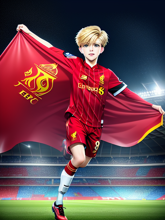  teen boy, 13 years old, pale skin, blonde hair, wearing Liverpool FC soccer kit, holding Liverpool FC flag, at stadium, full body, high quality, Headshot portrait, Art by portraithelper, Bokeh, Hasselblad, 35mm f1.8 zeiss lens, sharp focus, Extremely detailed, symmetric highly detailed eyes, Studio lighting, Perfect composition, Hyperrealistic