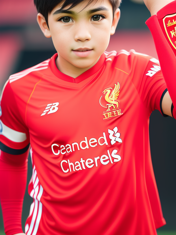 boy, wearing Liverpool FC soccer kit, holding Liverpool FC flag, at stadium, full body, high quality, Headshot portrait, Art by portraithelper, Bokeh, Hasselblad, 35mm f1.8 zeiss lens, sharp focus, Extremely detailed, symmetric highly detailed eyes, Studio lighting, Perfect composition, Hyperrealistic