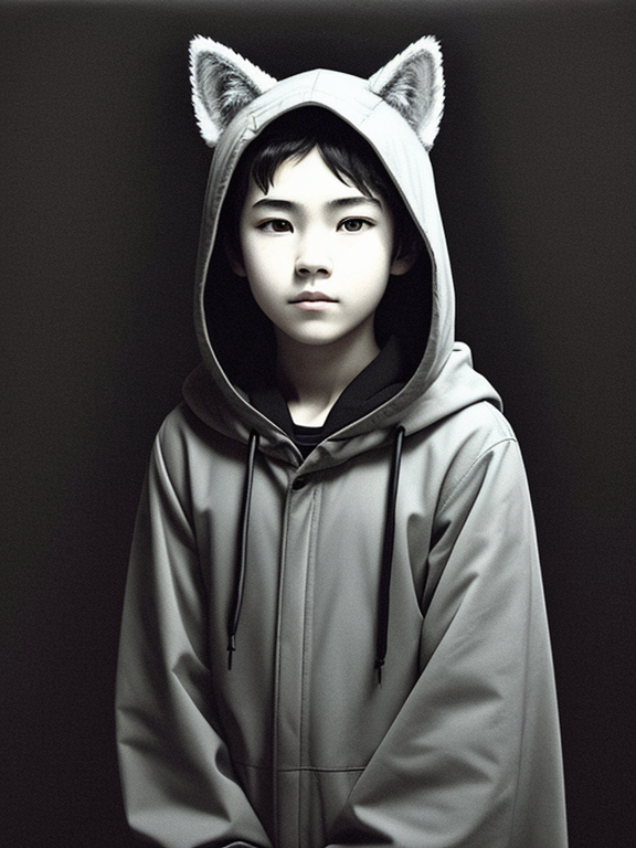 13-year-old 3D human-faced snow wolf boy, skin color not too white, short white curly hair, cold light gray eyes, handsome facial features, sad expression, two wolf ears on his head, a wolf tail on his back, pointed face, not tall figure, wearing a long black hooded cloak but no hat, sitting with chin in hand, lonely silhouette, left side view, dark background, dark atmosphere(sharp drawing)