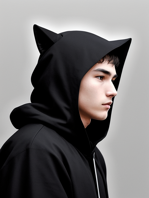 18-year-old 3D human-faced snow wolf boy, skin color not too white, short white curly hair, cold light gray eyes, handsome facial features, sad expression, two wolf ears on his head, a wolf tail on his back, pointed face, not tall figure, wearing a long black hooded cloak but no hat, sitting with chin in hand, lonely silhouette, left side view, dark background, dark atmosphere(sharp drawing)