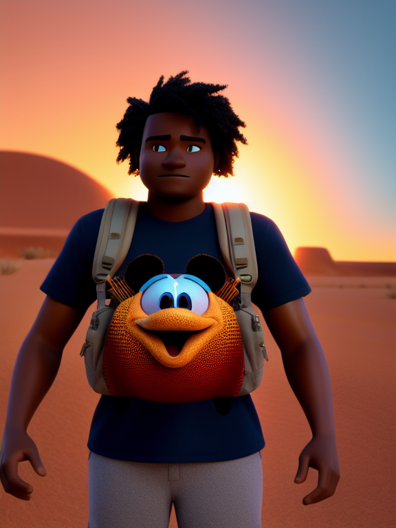 Pixar style, 3d style, Disney style, 8k, Beautiful, Show me an African American black figure at a distance in the middle of the desert, walking towards the camera with a backpack. Wearing sneakers and a t-shirt. On the front of the t-shirt, it reads EV-NoCAP., 3D style rendered in 8k using, disney movie effect