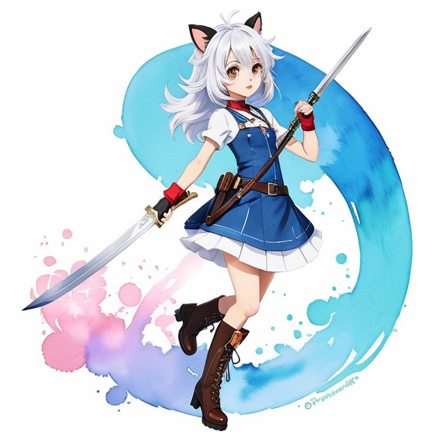 Puss on Boots, anime, cartoon, fanciful, hold a sword, cool , nice art, well hand-drawn art, colorful, Small body, Cute animal, Cute clothing, Full body, Cute Eyes, Cute expressions, Watercolor style, Storybook style, Character Design, Illustrator, Digital watercolor, White background, Cartoon style, Kawaii, white background, one single character, pokemon style