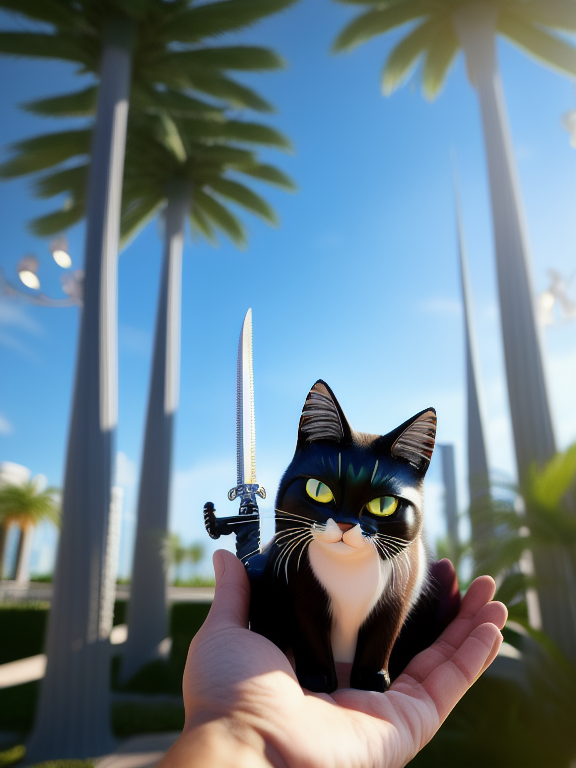 The cat men Puss on Boots, men, anime, cartoon, fanciful, hold a sword, cool , Surrounded by palm trees and a perfect sky, Stunning, Elegant, Highly detailed, Artstation, Concept art, Realistic lighting, Sharp focus, By architects frank gehry and zaha hadid, Trending on zillow and redfin.