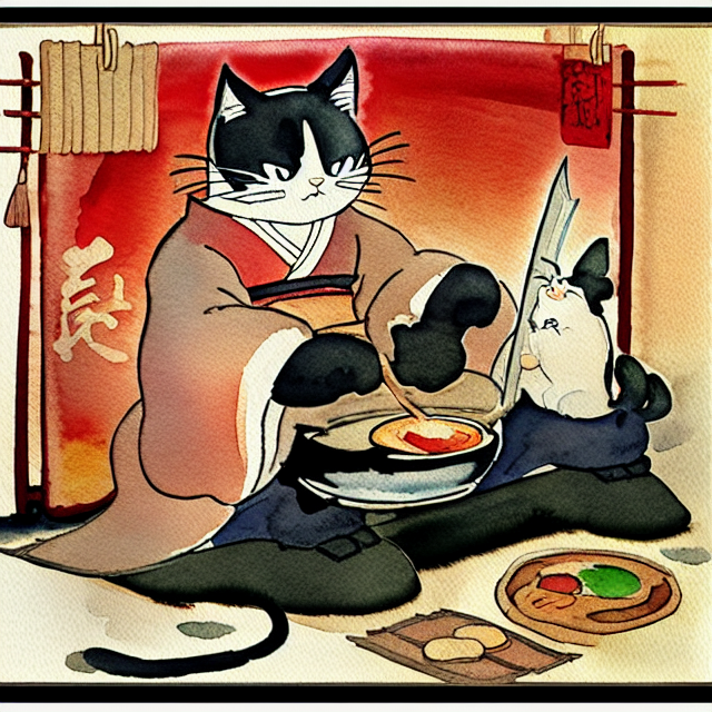 The cat men Puss on Boots, men, anime, cartoon, fanciful, hold a sword, cool , wearing traditional kimono, cooking ramen, art detailed cartoon clip art, illustration, Cartoon, watercolor, ink illustration, in the style of Studio Ghibli Beige, traditional japanese Folding screens, cute + Abstract --v 4, painting art, 3d cartoon character