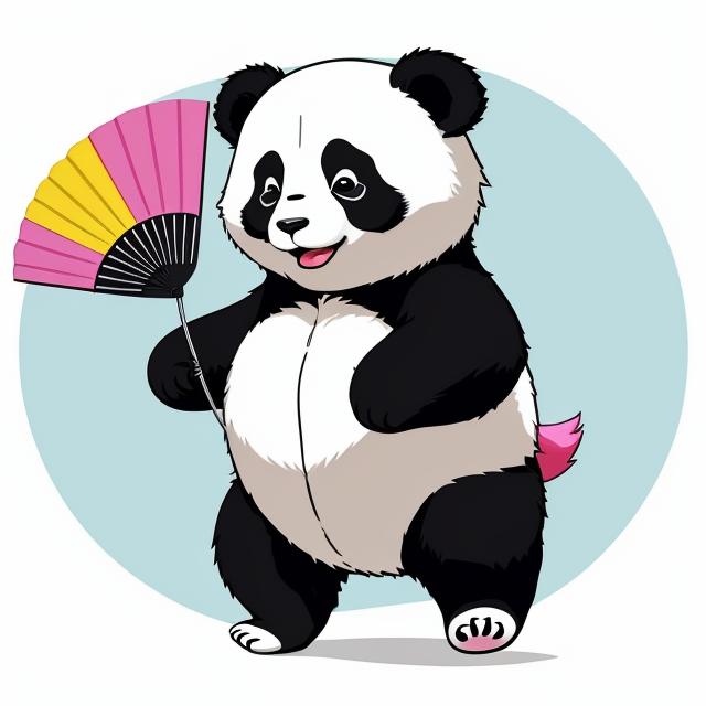 Panda dances with a paper fan, adorable, funny, mischievous , vector, vibrant color, incredibly high details, white background, plashing colors, Cartoon character, stickers designs