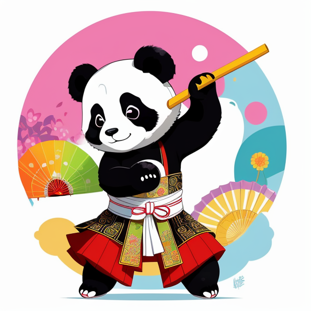 The panda dances with a paper fan, wears traditional clothes, is adorable, fun, and mischievous, vector, vibrant color, incredibly high details, white background, plashing colors, Cartoon character, stickers designs