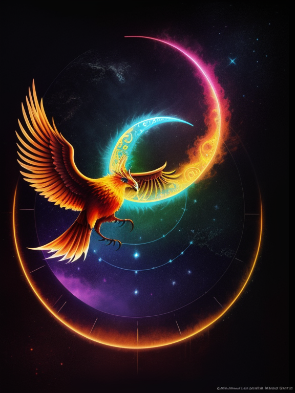 A phoenix rising up ,  swirling flames,  alchemical symbols, zodiac symbols, a moon, a sun, the face of a clock, detailed, intricate, vibrant colors, surreal, and gryphons, with musical elements like notes and instruments, The artist's use of rhythmic patterns and harmonious colors evokes the sense of a symphony of mythical beings. Artist: Wassily Kandinsky, known for his abstract art and emphasis on the connection between music and painting., Mythical Symphony, An abstract artwork that combines mythical creatures 