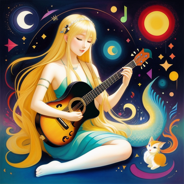Asian girl with long, blonde hair, small round face, sexy., mermaids, and gryphons, with musical elements like notes and instruments, The artist's use of rhythmic patterns and harmonious colors evokes the sense of a symphony of mythical beings. Artist: Wassily Kandinsky, known for his abstract art and emphasis on the connection between music and painting., Mythical Symphony, An abstract artwork that combines mythical creatures 