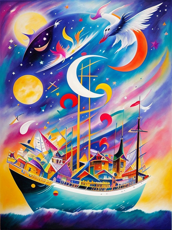 a tornado, a boat, zodiac symbols, a moon, a sun, a clock face, highly detailed, intricate, vibrant color, surreal, mermaids, and gryphons, with musical elements like notes and instruments, The artist's use of rhythmic patterns and harmonious colors evokes the sense of a symphony of mythical beings. Artist: Wassily Kandinsky, known for his abstract art and emphasis on the connection between music and painting., Mythical Symphony, An abstract artwork that combines mythical creatures