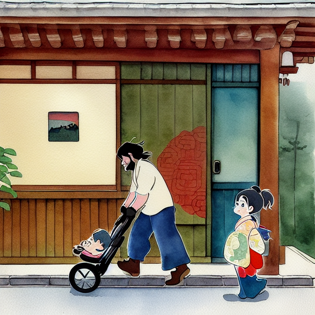 a picture with cartoon style about an homeless poor man. His daughter on the stroller, wearing traditional kimono, cooking ramen, art detailed cartoon clip art, illustration, Cartoon, watercolor, ink illustration, in the style of Studio Ghibli Beige, traditional japanese Folding screens, cute + Abstract --v 4, painting art