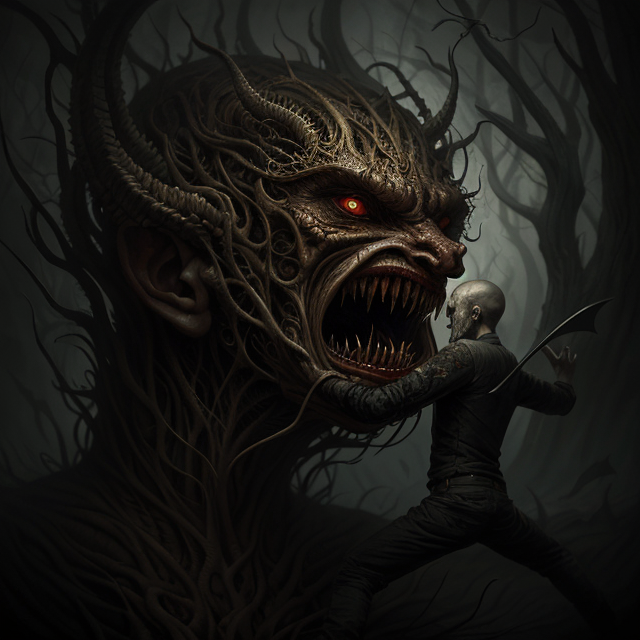  by Anton Semenov, Man fighting a demon, abstract dream, intricate details <lora:Add More Details:0.7>