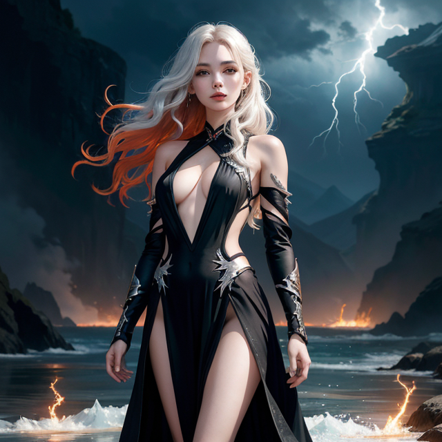 Female Fire Genasi. Long, wavy, orange hair. Black eyes. Pale skin. Short, loose nightgown. Full body image, Masterpiece, top quality,, Best quality, Official art, beautiful and aesthetic, cute, extreme detailed, Abstract, fractal art, silver_hair, silver_hair, Colorful, highest detailed, Fire, ice, Lightning bolt shape cut out, Lightning bolt shape cut out, Lightning, splash_art, Jewelry, Hanfu, Beautiful scenery, ink, drawing art