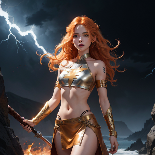 Female Fire Genasi. Wavy orange hair, braided. Pale skin. Gold crop top. Dark Leather miniskirt. Full body image , Masterpiece, top quality,, Best quality, Official art, beautiful and aesthetic, cute, extreme detailed, Abstract, fractal art, silver_hair, silver_hair, Colorful, highest detailed, Fire, ice, Lightning bolt shape cut out, Lightning bolt shape cut out, Lightning, splash_art, Jewelry, Hanfu, Beautiful scenery, ink, drawing art