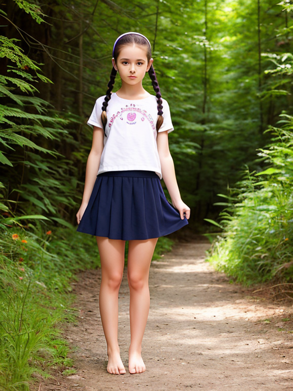 Teen girl, pigtails, caucasian, small body, short skirt, in nature, seiza, full body, bare feet