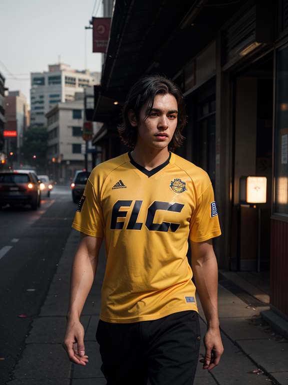 handsome 23 years old  boy, wearing a combination of red yellow hockey jersey, number 95, with the name RIDE THE ONE, has long wolfcut hair, looking over his shoulders, and black torn pants, walking on the dusty streets of the city, portrait of the middle body , low volumetric lighting, black hair, 8k octane render with beautiful details, post-processing, portrait, very very detailed, intricate, epic composition, cinematic lighting, masterpiece, trending on art station, very very detailed, masterpiece, stunning, , make_3d, oil paint,hyper detail