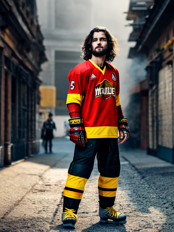 handsome   boy, wearing a combination of red yellow hockey jersey, number 95, with the name RIDE THE ONE, has long wolfcut hair, looking over his shoulders, and black torn pants, walking on the dusty streets of the city, portrait of the middle body , low volumetric lighting, black hair, 8k octane render with beautiful details, post-processing, portrait, very very detailed, intricate, epic composition, cinematic lighting, masterpiece, trending on art station, very very detailed, masterpiece, stunning, , make_3d, oil paint,hyper detail