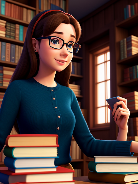 Pixar style, 3d style, Disney style, 8k, Beautiful, a girl with glasses next to a tower of books, 3D style rendered in 8k using, disney movie effect